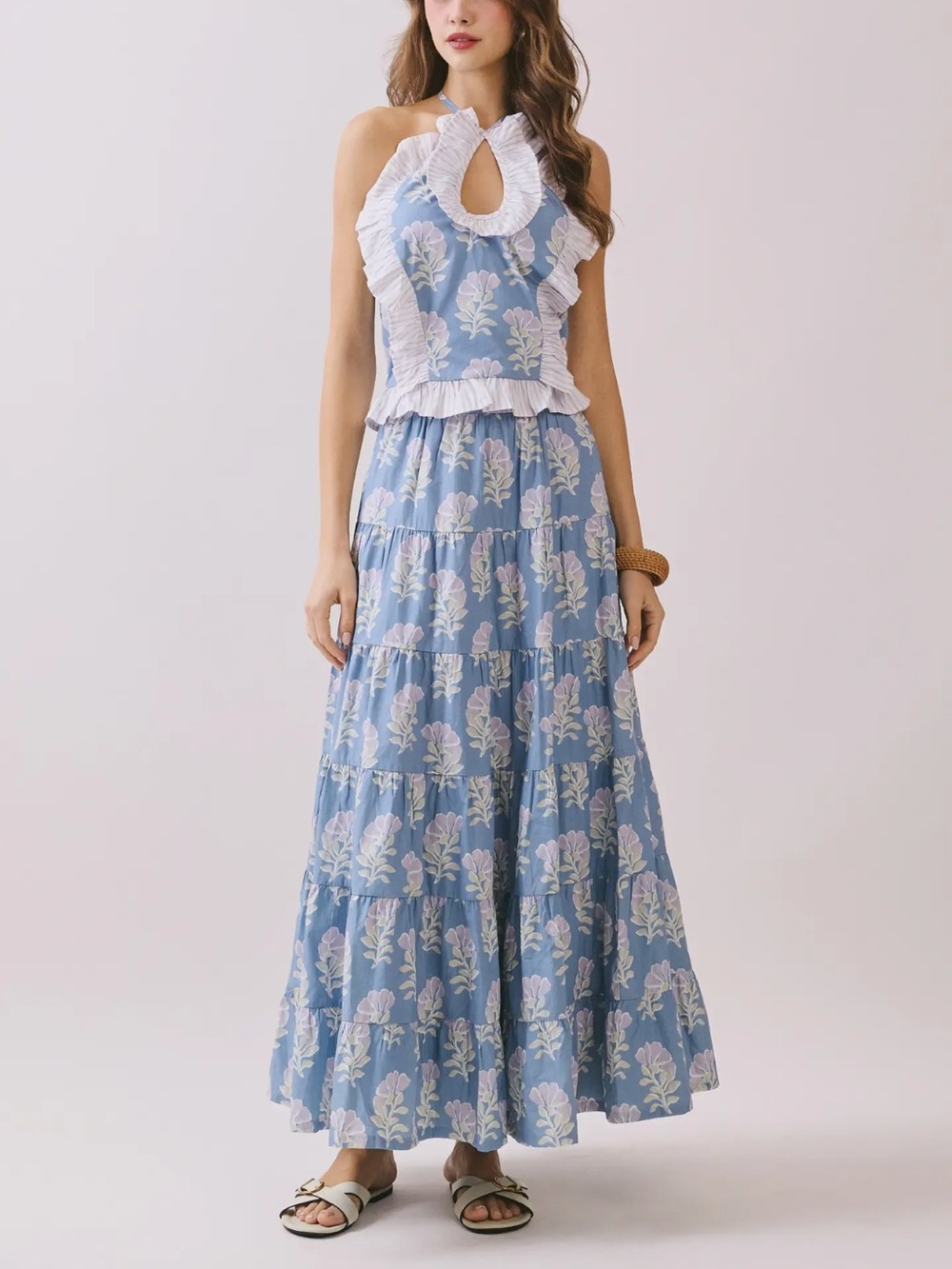 NWOT TCEC Blue Floral Maxi Skirt & Halter Top Set